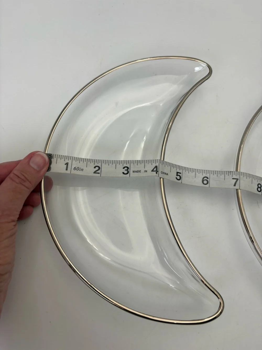 Pair of Vintage Clear Crescent Moon Glass Dishes with Silver Rim